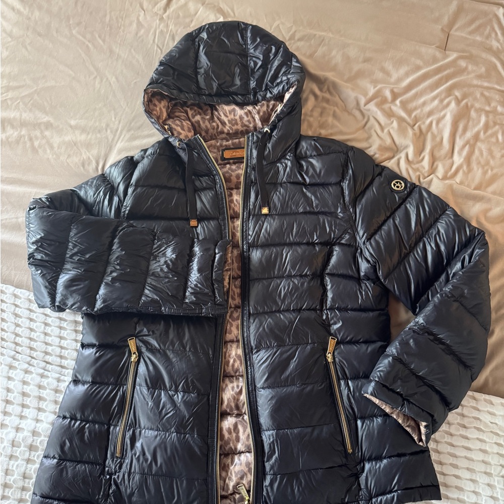 Calvin Klein Reversible Black and Cheetah Print Down Puffer Jacket